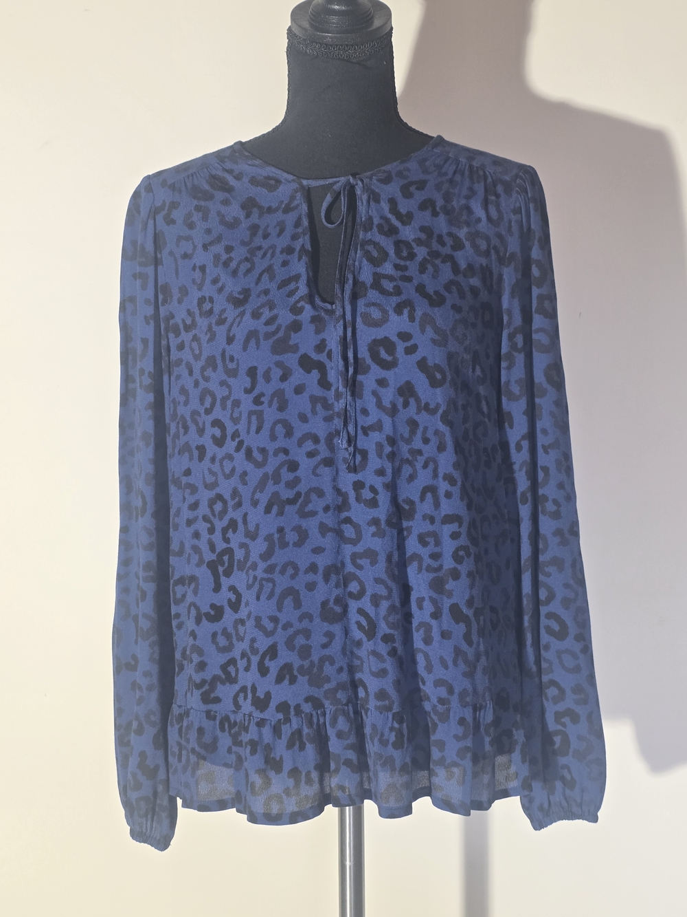 LOFT Blue Leopard Tie-Neck Long Sleeve Blouse (Size S)